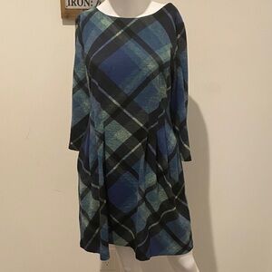 Connected Apparel Blue and Black Plaid Long Sleeve Dress